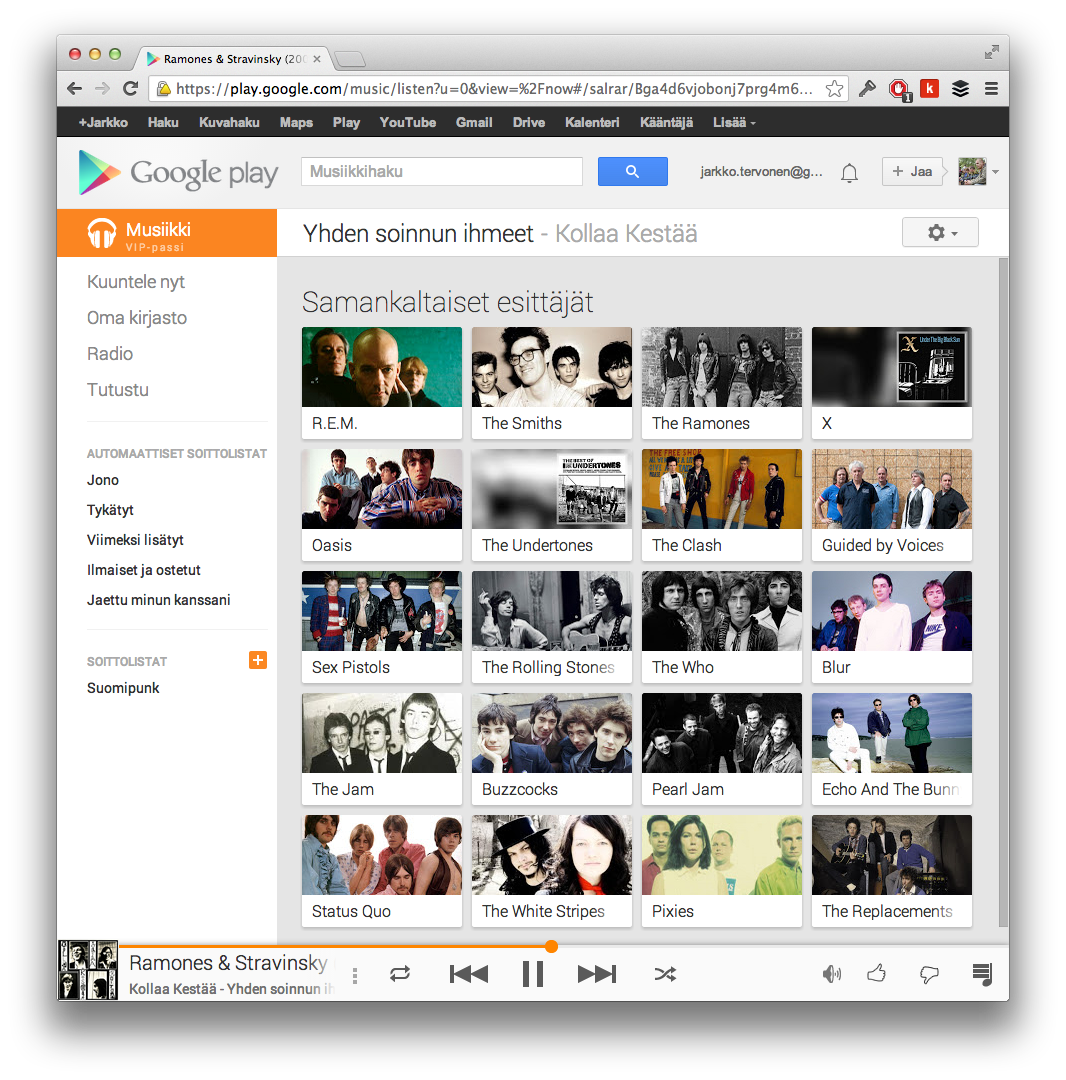 Google Play Musicin lista Kollaa kestää -bändiä muistuttavista bändeistä