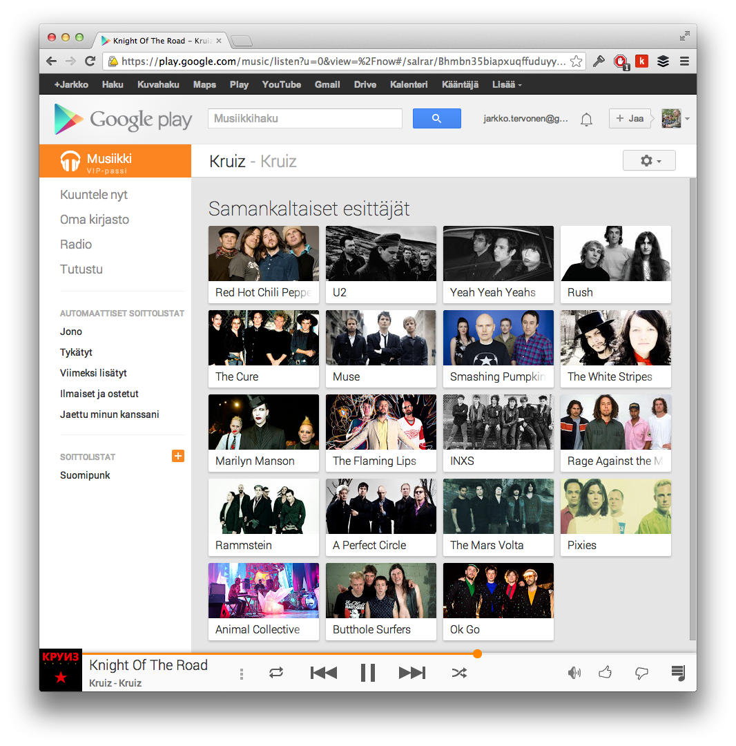 Google Play Musicin lista Kruizia muistuttavista bändeistä